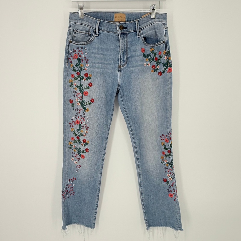 Driftwood Candace Floral Embroidered Jeans Women 29 Blue Good Classic Raw Hem